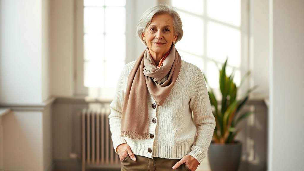 Sophisticated woman over 50 wearing cream cashmere cardigan, silk scarf, quality leather flats, standing confidently, soft natural lighting, timeless elegant aesthetic, fashion magazine quality
