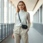 Woman wearing minimalist 90s outfit: cream slip dress over fitted turtleneck, tailored neutral trousers, small black leather shoulder bag, standing in modern urban setting with natural daylight