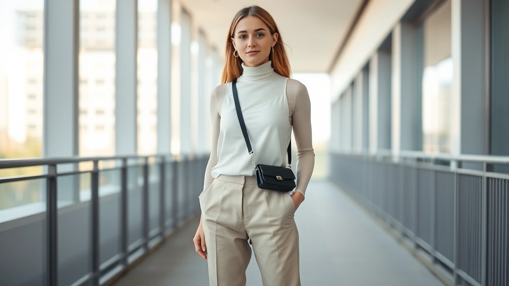 Woman wearing minimalist 90s outfit: cream slip dress over fitted turtleneck, tailored neutral trousers, small black leather shoulder bag, standing in modern urban setting with natural daylight