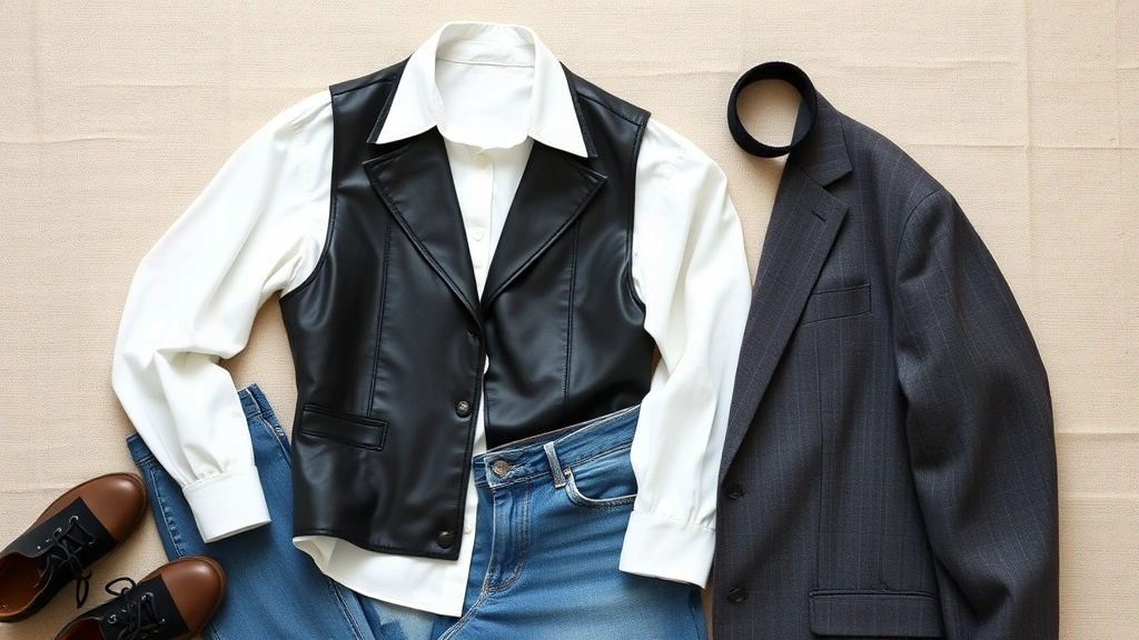 Flatlay of essential 90s fashion basics: white crisp button-up shirt, black leather vest, oversized gray blazer, quality denim jeans, velvet choker, arranged on neutral linen background