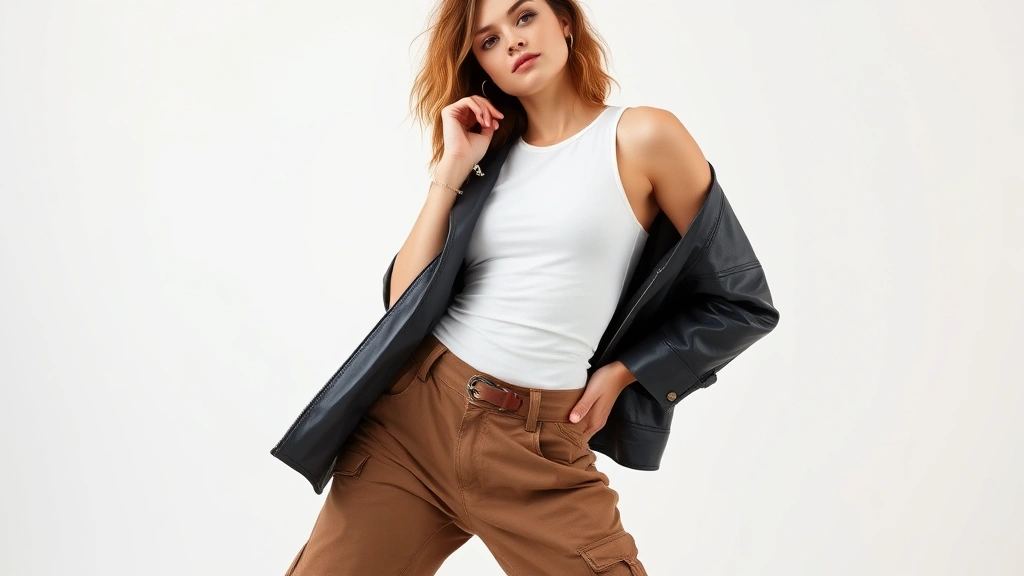 Woman modeling contemporary 90s fashion: wide-leg cargo pants, fitted white tank top, oversized leather jacket, minimalist jewelry, confident pose in bright studio setting with white backdrop