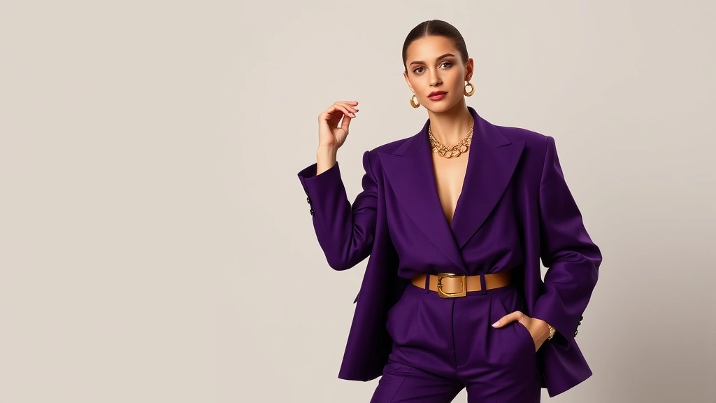 Woman wearing oversized structured blazer with pronounced shoulders in jewel-tone purple, paired with high-waisted tailored trousers, metallic gold belt, and chunky gold jewelry, confident pose against neutral background, professional studio lighting, fashion editorial style
