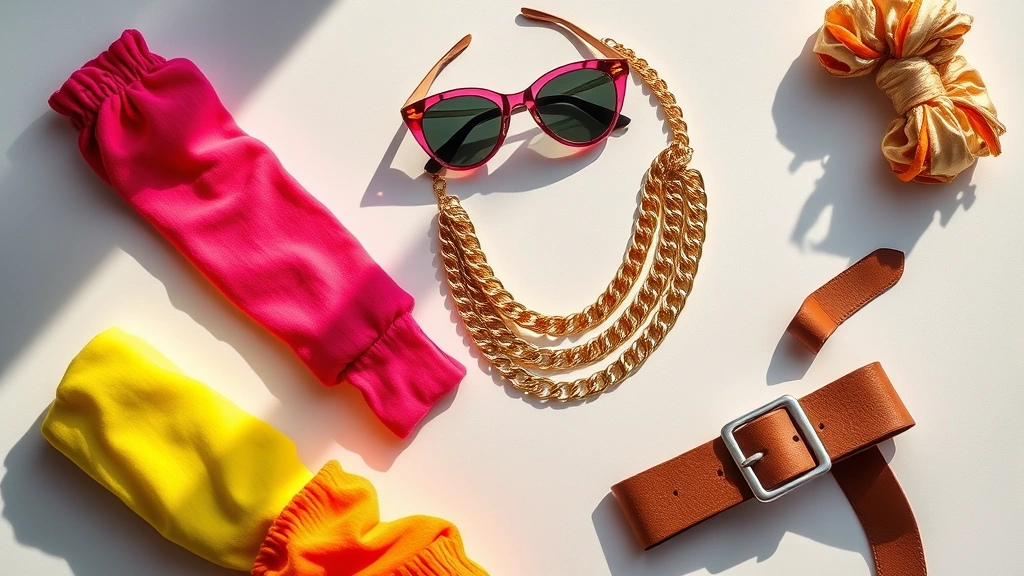 Vibrant flat lay composition featuring vintage 80s fashion pieces: neon-colored leg warmers, oversized sunglasses with geometric frames, chunky layered gold chain necklaces, wide leather belt with statement buckle, metallic scrunchie, arranged artfully on white surface with dramatic shadows