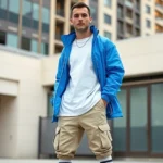 Male model wearing oversized white graphic tee, open nylon windbreaker in electric blue, baggy khaki cargo pants, white chunky platform sneakers, visible athletic socks with stripes, standing against urban backdrop with confident posture