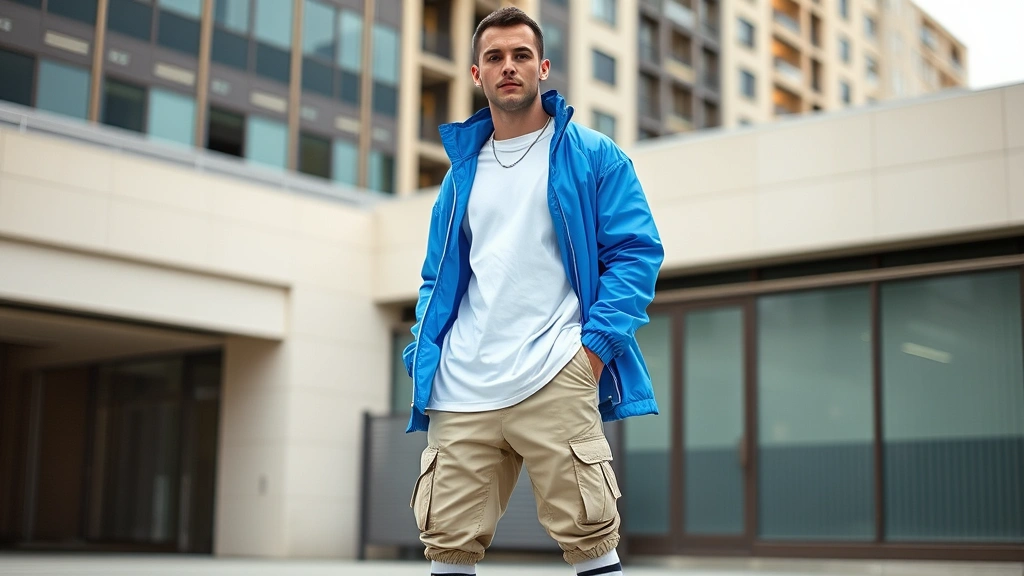 Male model wearing oversized white graphic tee, open nylon windbreaker in electric blue, baggy khaki cargo pants, white chunky platform sneakers, visible athletic socks with stripes, standing against urban backdrop with confident posture