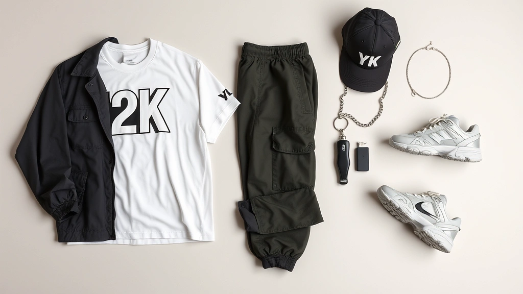 Flat lay arrangement of Y2K essentials: oversized graphic t-shirt, cargo pants with multiple pockets, technical nylon jacket, chunky metallic sneakers, chain necklace, and trucker cap arranged artfully on neutral surface