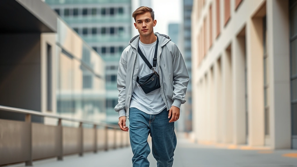 Young man in layered Y2K outfit: fitted thermal long-sleeve under oversized band tee, open silver windbreaker, low-rise baggy jeans, basketball-inspired sneakers with visible branding, small nylon crossbody bag, walking through modern urban environment