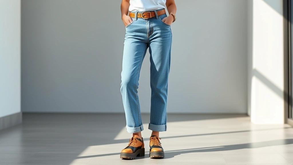 Young fashion enthusiast wearing low-rise denim jeans with a fitted baby tee, colorful belt, and chunky platform shoes, standing confidently in natural lighting, modern minimalist background, photorealistic style