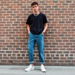 Young man wearing oversized vintage baggy jeans with fitted black tee, chunky white sneakers, and silver chain necklace, standing against urban brick wall, confident relaxed posture, natural daylight, street style photography