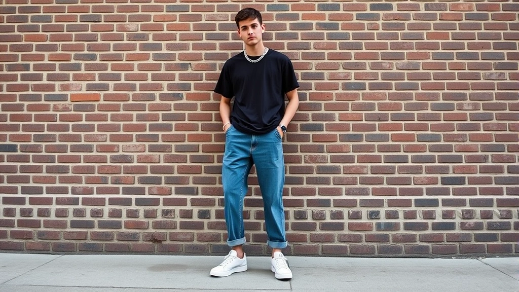 Young man wearing oversized vintage baggy jeans with fitted black tee, chunky white sneakers, and silver chain necklace, standing against urban brick wall, confident relaxed posture, natural daylight, street style photography