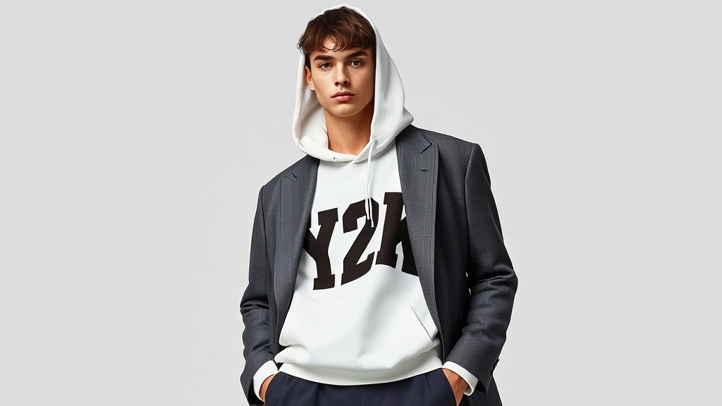 Male model in oversized graphic hoodie layered under contemporary blazer, mixing Y2K and modern aesthetics, neutral color palette, minimalist background, editorial fashion photography style