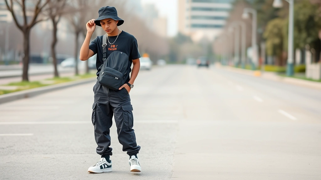 Gen Z man styling bucket hat with baggy cargo pants, crossbody technical bag, and platform sneakers, full-body street style shot, natural outdoor setting, authentic casual confidence