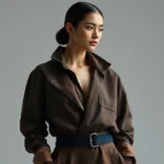 Fashion model wearing minimalist Y3K outfit with ergonomic silhouette, mixed textures combining technical fabrics with natural materials, jewel-tone colors, modern layered styling, sophisticated and intentional aesthetic, studio lighting