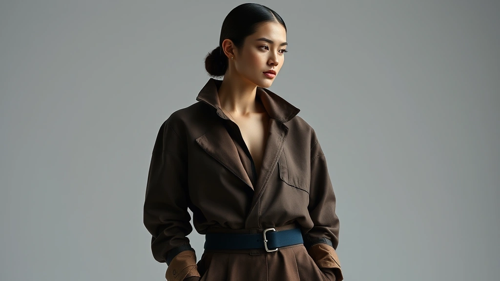 Fashion model wearing minimalist Y3K outfit with ergonomic silhouette, mixed textures combining technical fabrics with natural materials, jewel-tone colors, modern layered styling, sophisticated and intentional aesthetic, studio lighting
