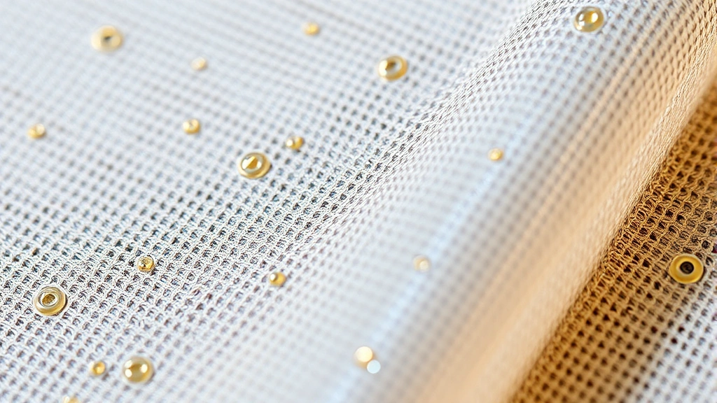 Close-up of sustainable smart fabric texture showing embedded sensors, iridescent thread details, responsive material finish, professional fashion photography, neutral background highlighting material innovation