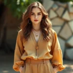 Woman wearing 1970s-inspired bohemian outfit with earth-tone linen blouse, wide-leg trousers, and layered gold jewelry, natural lighting, outdoor vintage aesthetic