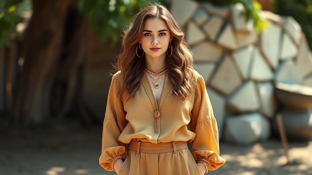 Woman wearing 1970s-inspired bohemian outfit with earth-tone linen blouse, wide-leg trousers, and layered gold jewelry, natural lighting, outdoor vintage aesthetic