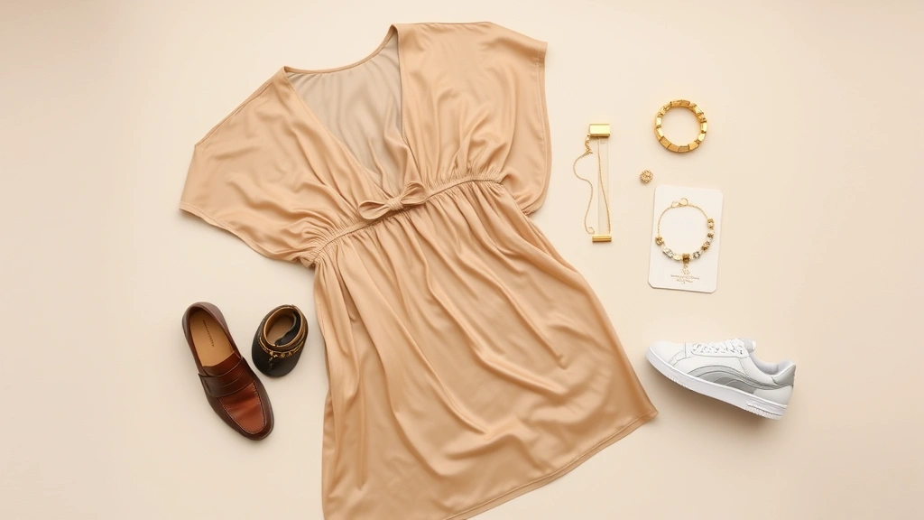 Styled flat lay of mixed-era vintage pieces including silk slip dress, leather loafers, minimal gold accessories, and contemporary sneakers arranged on neutral background showing era-mixing styling