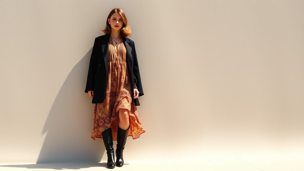 Elegant woman wearing layered vintage 1970s bohemian dress with modern minimalist black boots and structured contemporary blazer, standing in natural sunlight near neutral backdrop, showcasing era-mixing style