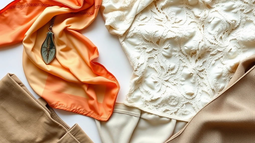 Close-up of carefully curated vintage fashion flat lay including 1950s silk scarf, Victorian lace blouse, 1970s patterned fabric, and contemporary neutral basics arranged artfully on white surface