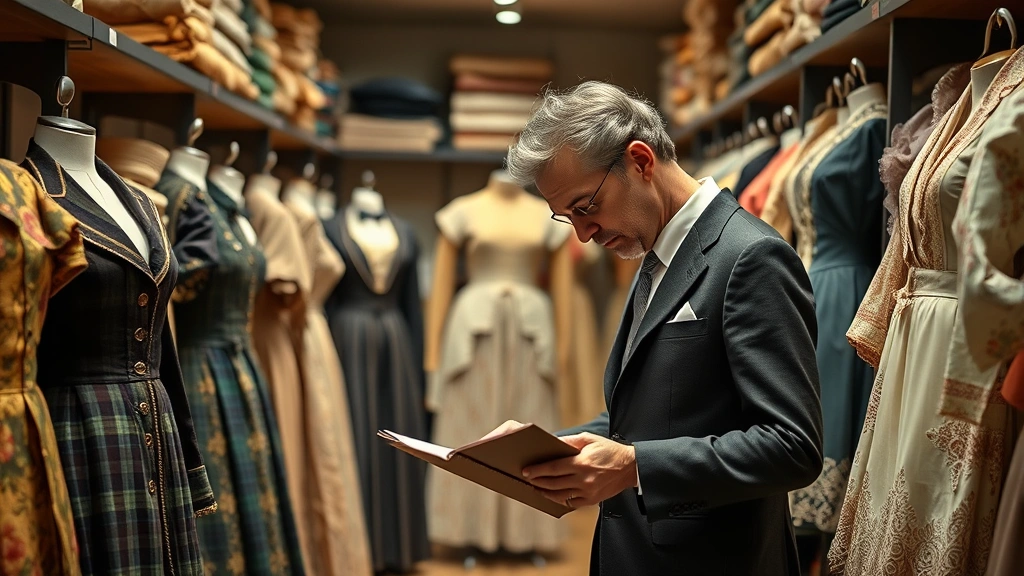 Fashion historian examining authentic vintage garments in museum archive, surrounded by carefully preserved clothing from different historical periods, professional museum lighting, detailed craftsmanship visible