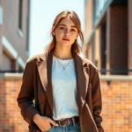 Young woman wearing oversized vintage blazer with minimalist white tee, thrifted accessories, standing in natural sunlight with confident posture, modern urban setting with brick wall background