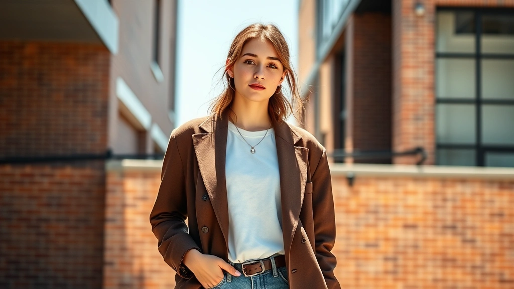 Young woman wearing oversized vintage blazer with minimalist white tee, thrifted accessories, standing in natural sunlight with confident posture, modern urban setting with brick wall background
