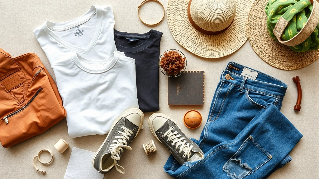 Flat lay composition of sustainable fashion items including organic cotton basics, vintage denim, eco-friendly sneakers, and thrifted accessories arranged artfully on neutral background