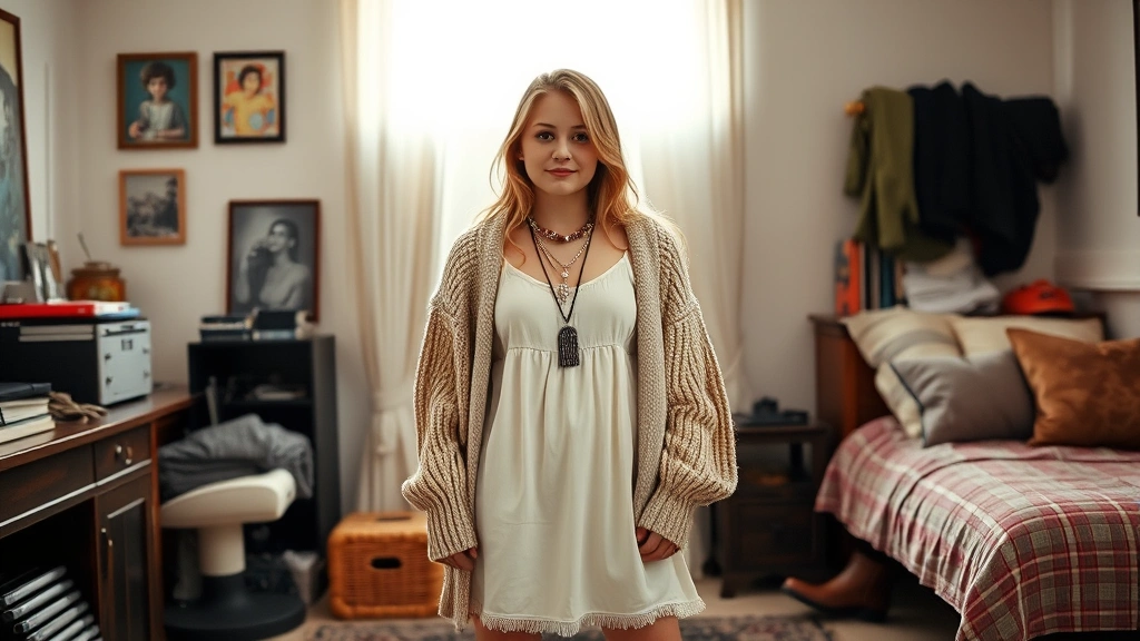 Gen Z teenager styling multiple aesthetic trends together: 90s slip dress layered with contemporary oversized cardigan, statement jewelry, and vintage boots, photographed in bedroom with soft natural lighting