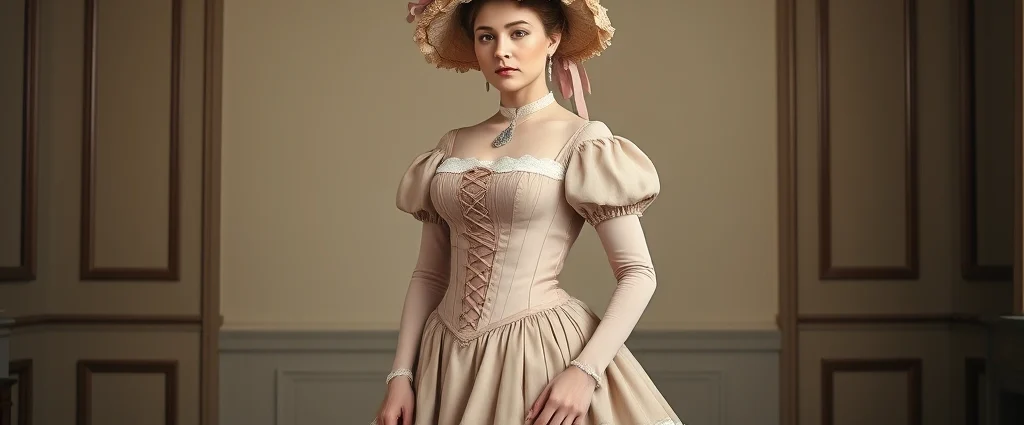 Woman wearing 1840s fashion with tight-laced corset, full bell-shaped skirt with ruffles and lace trim, elaborate bonnet with feathers and ribbons, standing in formal pose, pale complexion, period jewelry, photorealistic historical costume, indoor studio lighting