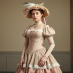 Woman wearing 1840s fashion with tight-laced corset, full bell-shaped skirt with ruffles and lace trim, elaborate bonnet with feathers and ribbons, standing in formal pose, pale complexion, period jewelry, photorealistic historical costume, indoor studio lighting