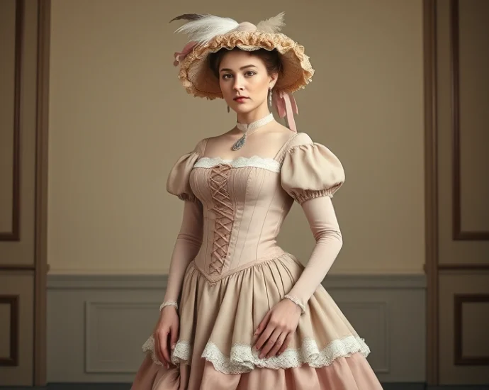 Woman wearing 1840s fashion with tight-laced corset, full bell-shaped skirt with ruffles and lace trim, elaborate bonnet with feathers and ribbons, standing in formal pose, pale complexion, period jewelry, photorealistic historical costume, indoor studio lighting
