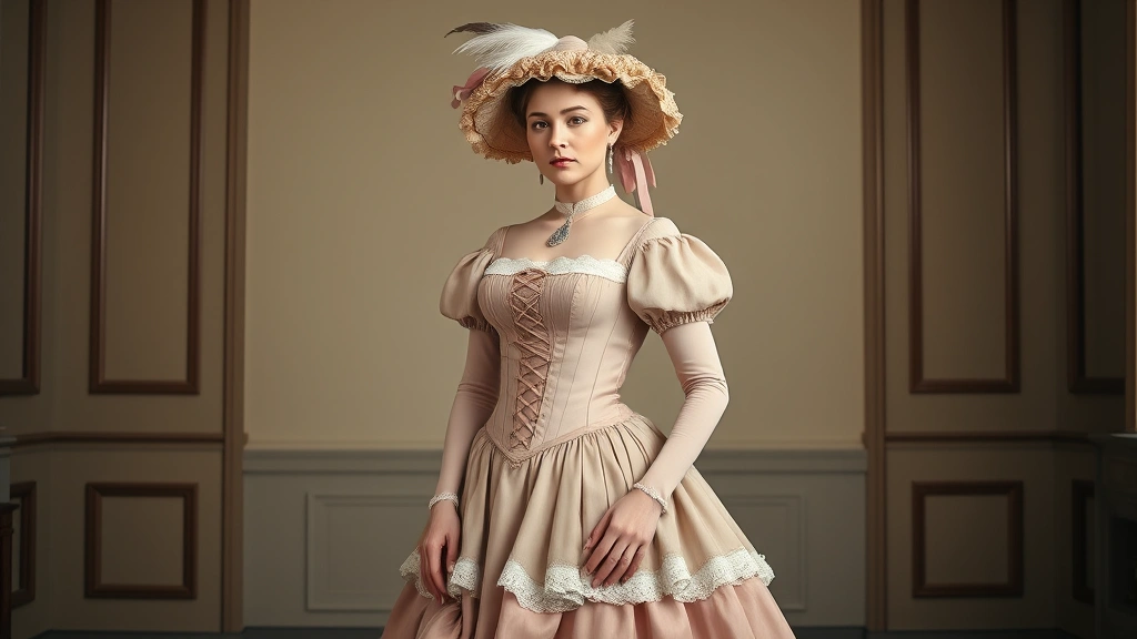 Woman wearing 1840s fashion with tight-laced corset, full bell-shaped skirt with ruffles and lace trim, elaborate bonnet with feathers and ribbons, standing in formal pose, pale complexion, period jewelry, photorealistic historical costume, indoor studio lighting