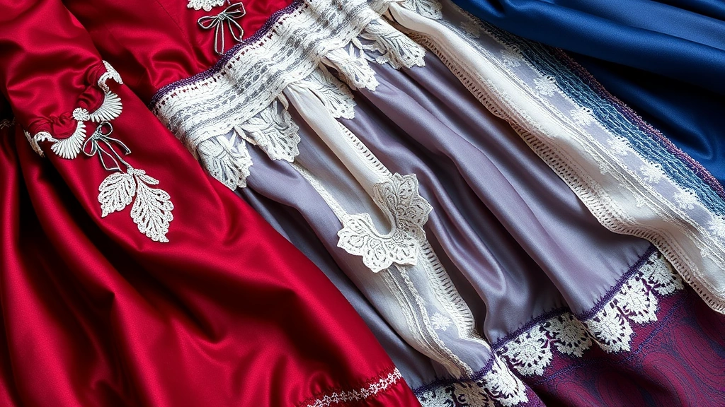 Close-up detail of 1840s fabric textures: silk taffeta, lace insertions, decorative ribbon bands, multiple layered petticoats, embroidered details, contrasting fabric patterns, rich jewel tones including deep crimson and sapphire blue, flat lay arrangement, natural lighting