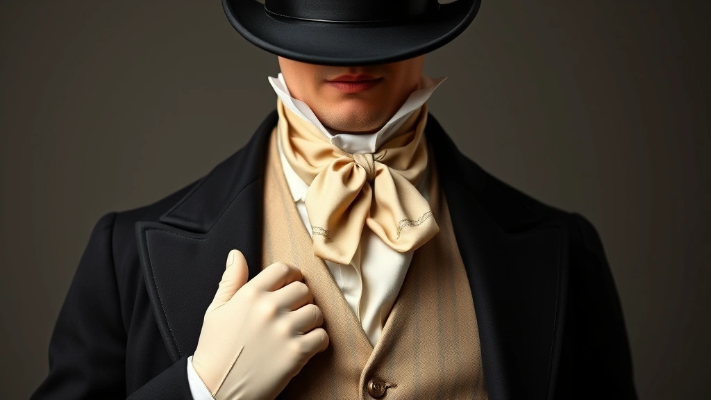 Gentleman in 1840s formal attire: dark tailored coat with sloped shoulders, fitted waist, matching waistcoat with subtle patterning, high collar white shirt, silk cravat with decorative pin, pale kid leather gloves, top hat, dignified formal pose, photorealistic historical menswear