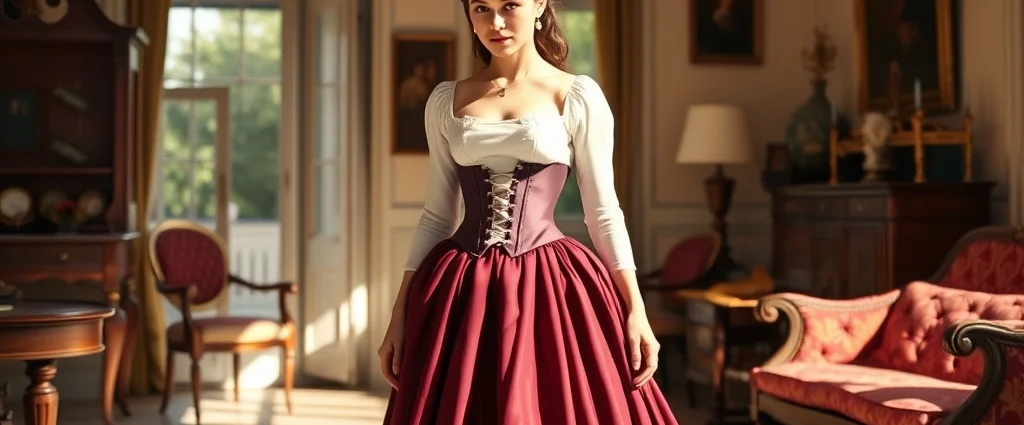 A woman wearing a voluminous burgundy midi skirt with a fitted ivory corset top, standing in a sunlit room with period furniture, demonstrating authentic 1860s silhouette with dramatic waist definition and full skirt volume