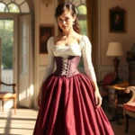 A woman wearing a voluminous burgundy midi skirt with a fitted ivory corset top, standing in a sunlit room with period furniture, demonstrating authentic 1860s silhouette with dramatic waist definition and full skirt volume