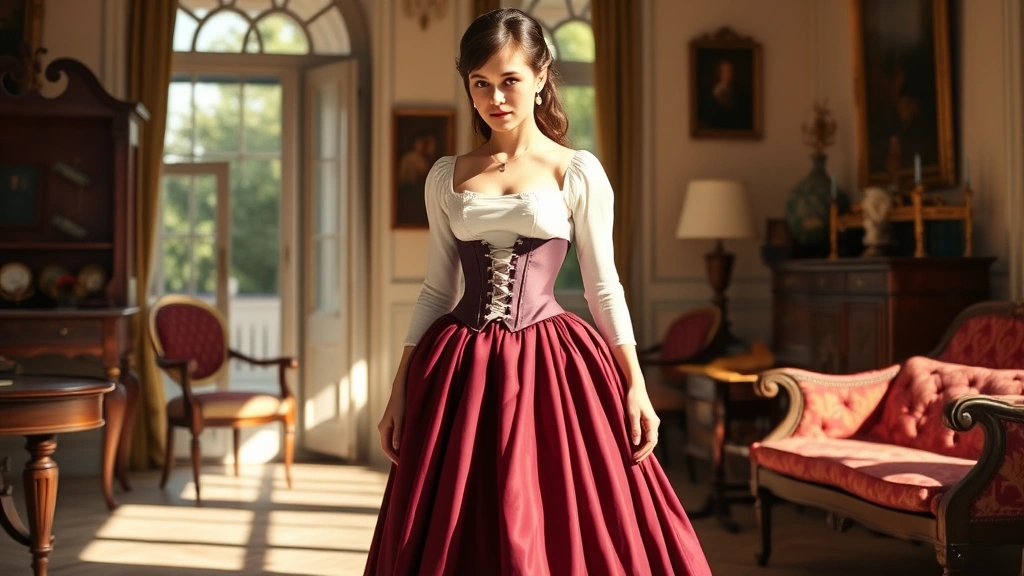A woman wearing a voluminous burgundy midi skirt with a fitted ivory corset top, standing in a sunlit room with period furniture, demonstrating authentic 1860s silhouette with dramatic waist definition and full skirt volume