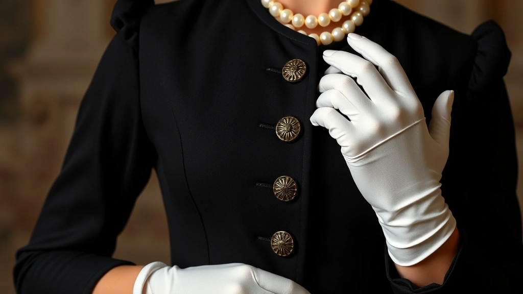 Close-up of a woman's upper body wearing a structured black Victorian-inspired jacket with ornate button details, pearl jewelry, and long white gloves, showing tailored waist and decorative elements typical of 1860s fashion