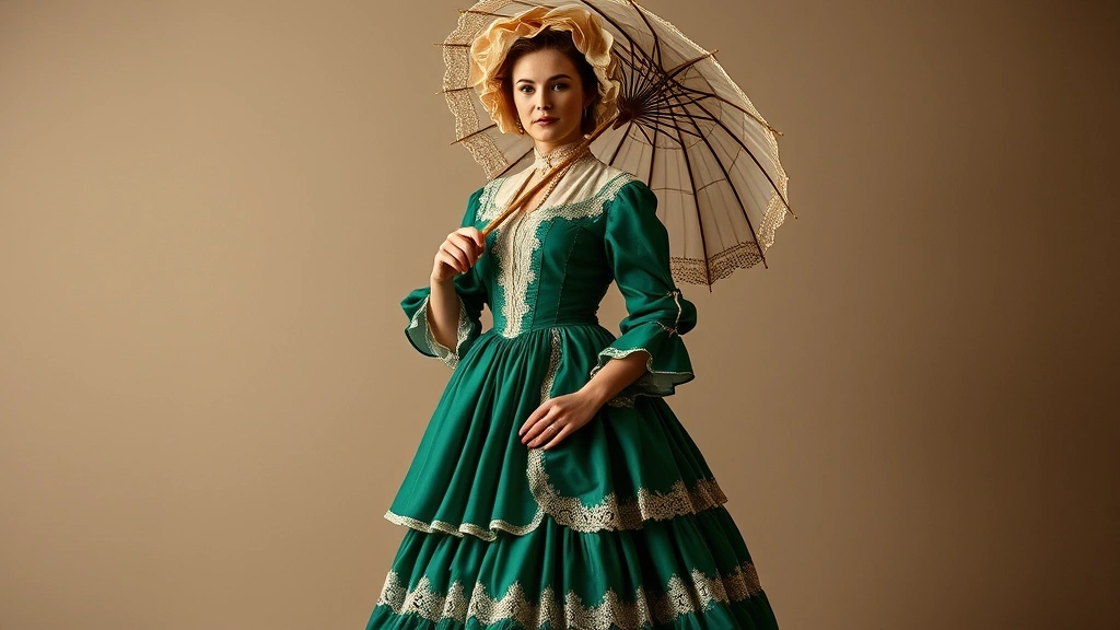 A full-length portrait of a woman in an emerald green dress with layered skirts and delicate lace trim, wearing a decorative bonnet and holding a vintage parasol, embodying complete 1860s aesthetic in soft natural lighting