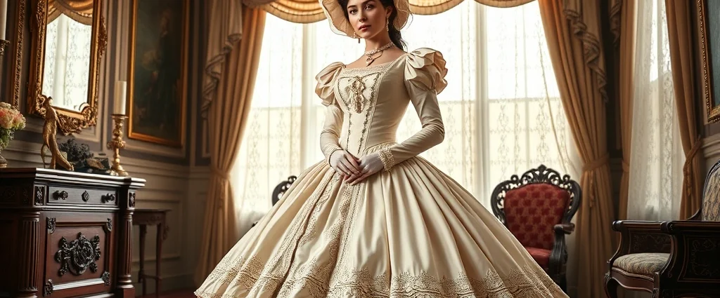 Victorian woman wearing elaborate 1860s crinoline gown with lace trim, standing in ornate parlor, full bell-shaped skirt, pale silk fabric, jeweled brooch, elegant bonnet with ribbons, natural lighting through lace curtains, photorealistic historical fashion illustration style