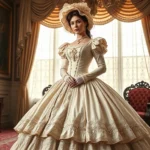Victorian woman wearing elaborate 1860s crinoline gown with lace trim, standing in ornate parlor, full bell-shaped skirt, pale silk fabric, jeweled brooch, elegant bonnet with ribbons, natural lighting through lace curtains, photorealistic historical fashion illustration style