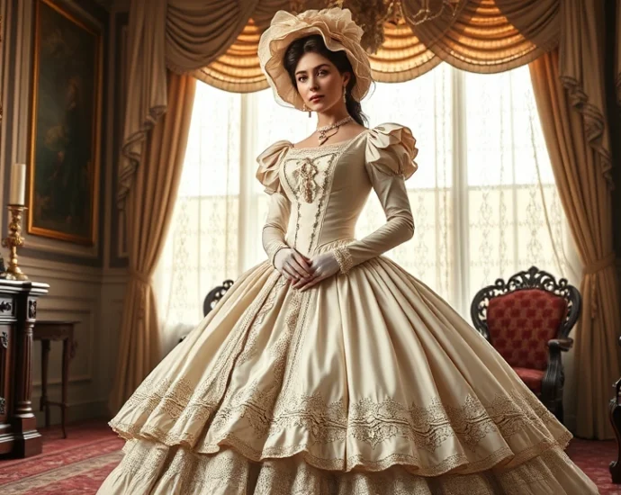 Victorian woman wearing elaborate 1860s crinoline gown with lace trim, standing in ornate parlor, full bell-shaped skirt, pale silk fabric, jeweled brooch, elegant bonnet with ribbons, natural lighting through lace curtains, photorealistic historical fashion illustration style