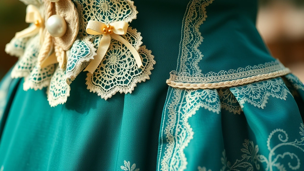 Close-up detail of 1860s dress construction showing layered lace trim, decorative braiding, pearl buttons, rich jewel-tone fabric in emerald or sapphire, intricate needlework patterns, soft natural lighting highlighting textile details and craftsmanship