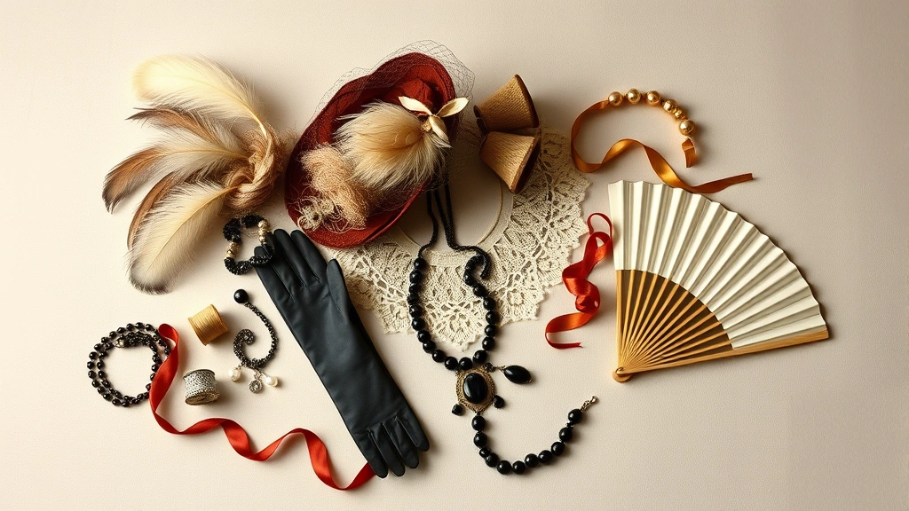 Group of 1860s fashion accessories arranged artfully: ornate bonnet with feathers and netting, long kid gloves, jet jewelry pieces, delicate lace collar, silk ribbon spools in rich colors, antique pearl-handled fan, overhead view with soft diffused lighting on neutral background