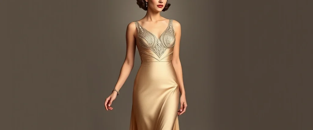 Woman wearing a champagne-colored bias-cut silk evening gown with art deco beading on the bodice, standing in an elegant pose, 1930s Hollywood glamour aesthetic, soft studio lighting, photorealistic
