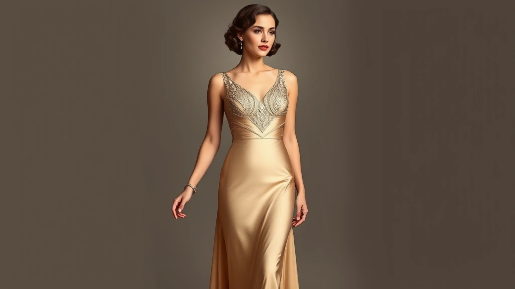 Woman wearing a champagne-colored bias-cut silk evening gown with art deco beading on the bodice, standing in an elegant pose, 1930s Hollywood glamour aesthetic, soft studio lighting, photorealistic