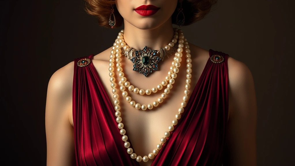 Woman accessorized with long pearl necklaces, art deco brooch, and vintage-style jewelry, wearing a jewel-tone 1930s-inspired gown, theatrical lighting highlighting the accessories and fabric texture