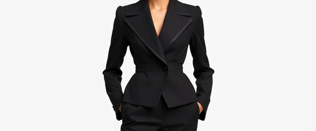Woman wearing structured 1940s-inspired blazer with broad shoulders and fitted waist, paired with high-waisted trousers, standing in elegant pose showcasing classic tailoring and silhouette