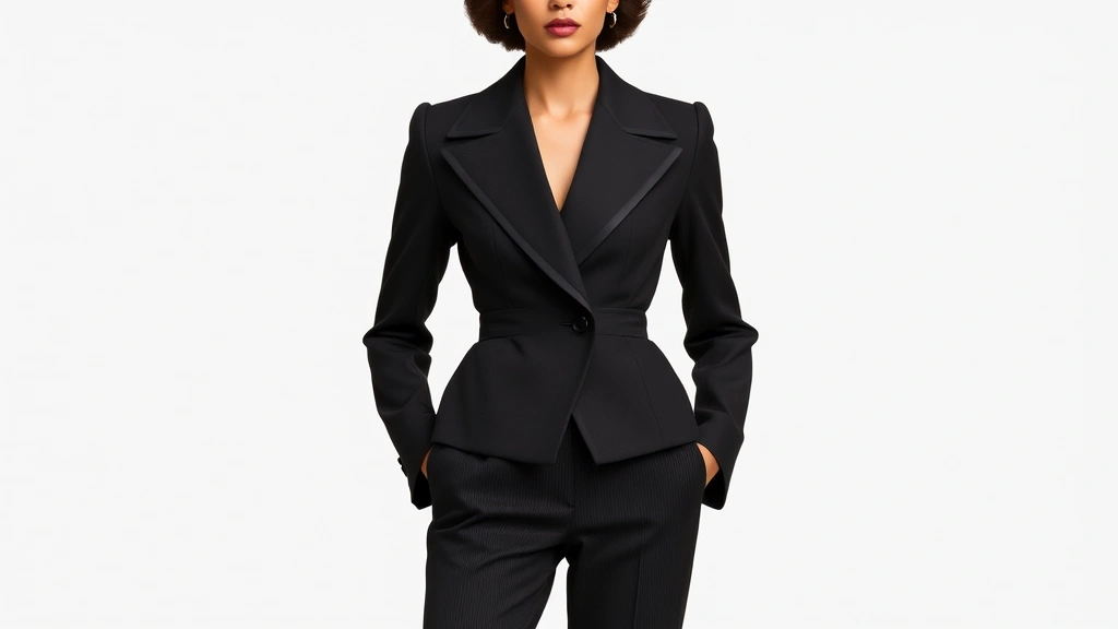Woman wearing structured 1940s-inspired blazer with broad shoulders and fitted waist, paired with high-waisted trousers, standing in elegant pose showcasing classic tailoring and silhouette